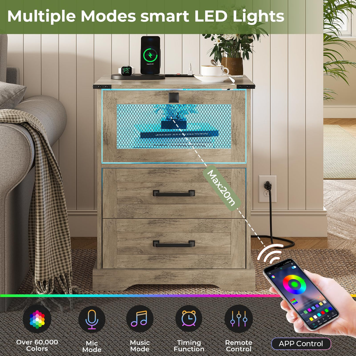 Hasuit Farmhouse Night Stand with LED Lights and Charging Station, Rustic Oak Nightstand with 2 Drawers, and Cubby with Wire Mesh Door, Bedside End Table for Bedroom Hasuit