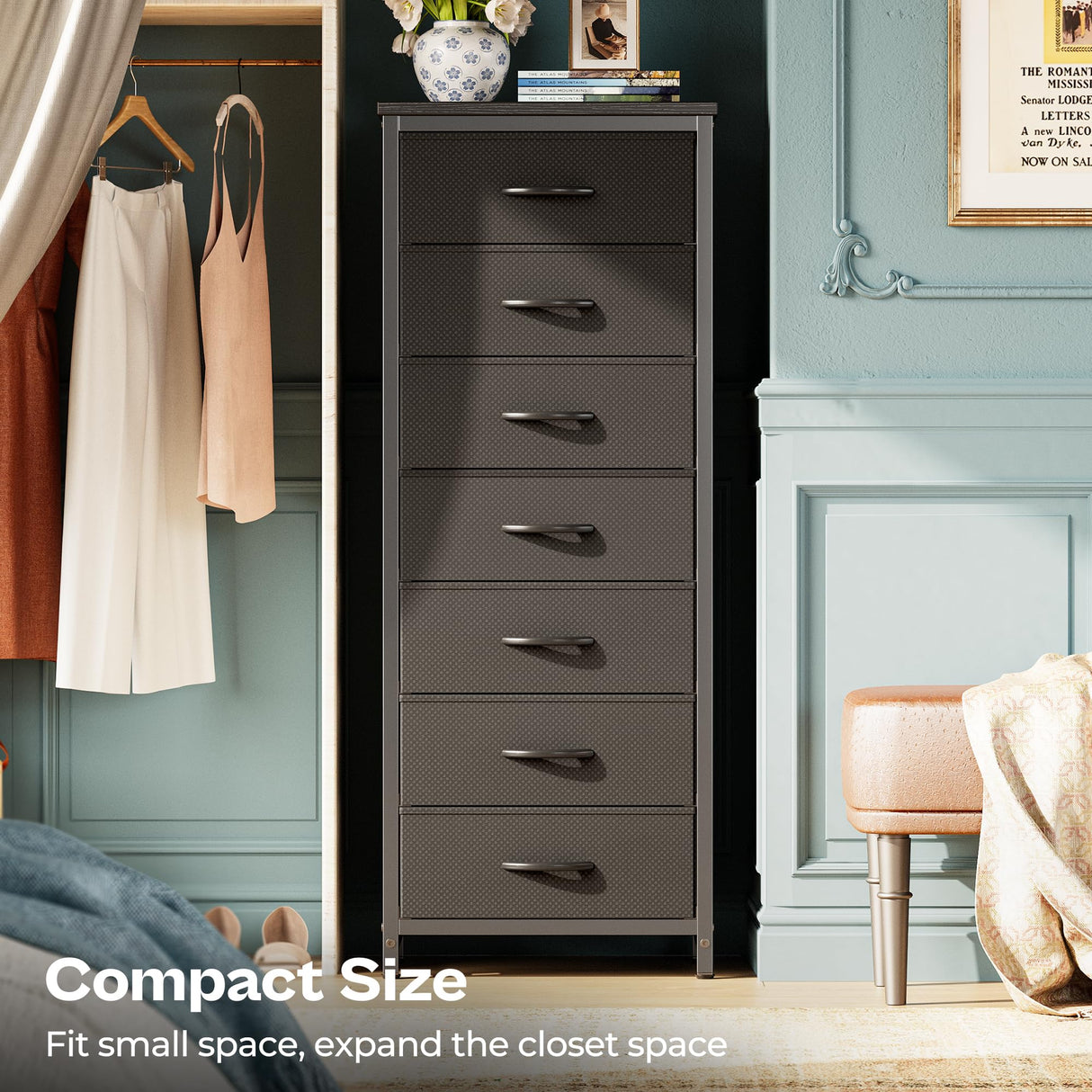 Huuger Tall Dresser for Bedroom, 7 Drawer Dresser & Chests of Drawers, Fabric Dresser for Closet, Bedroom, Night Stand, End Table with Metal Frame, Storage Tower with Fabric Bins, Black Huuger