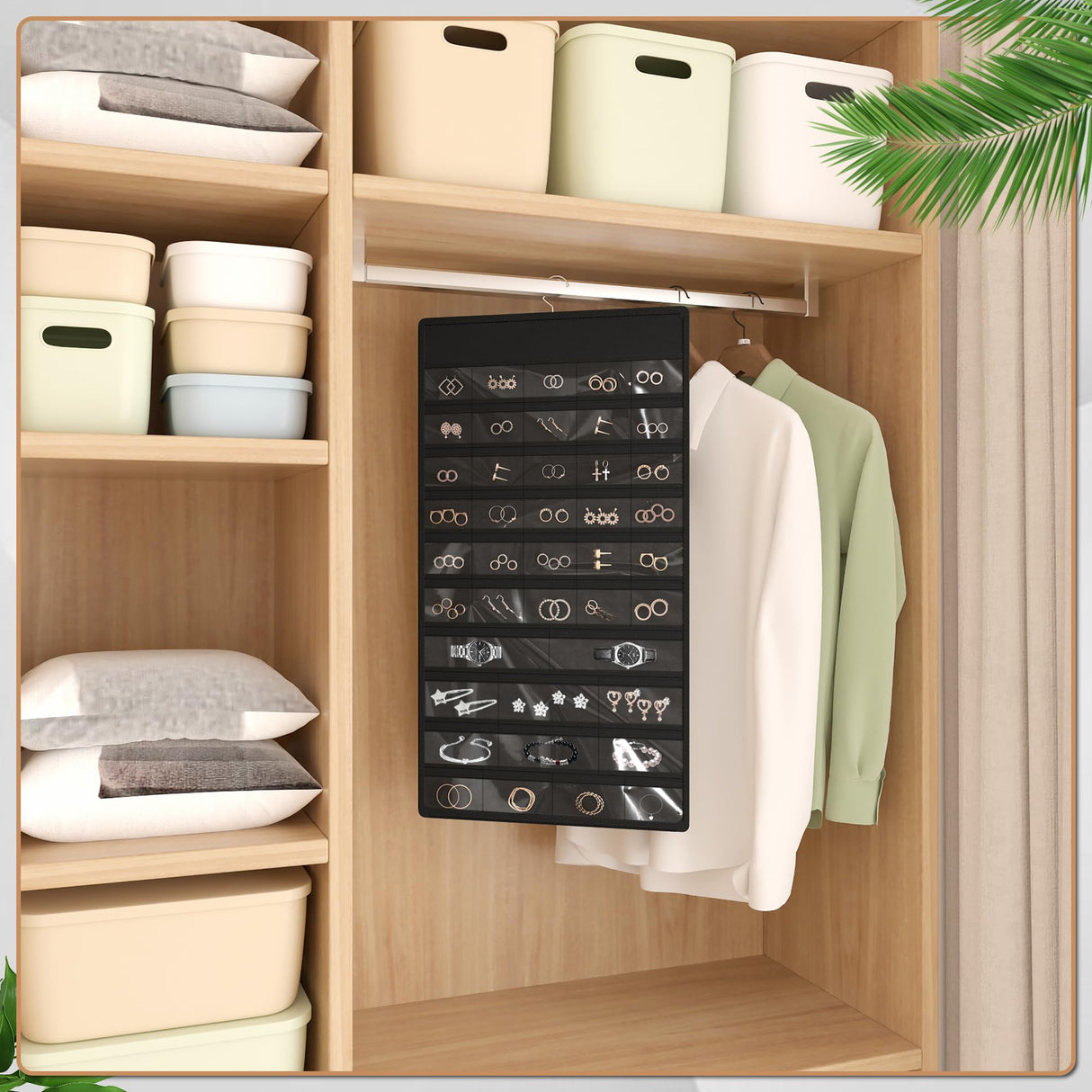 Bosuelife Hanging Jewelry Organizer Storage Roll, Double-Sided Necklaces Holder, 42 Pockets Plus 36 hooks Earrings Organizer Hang in Closet, On Wall, or Doors, Black Bosuelife