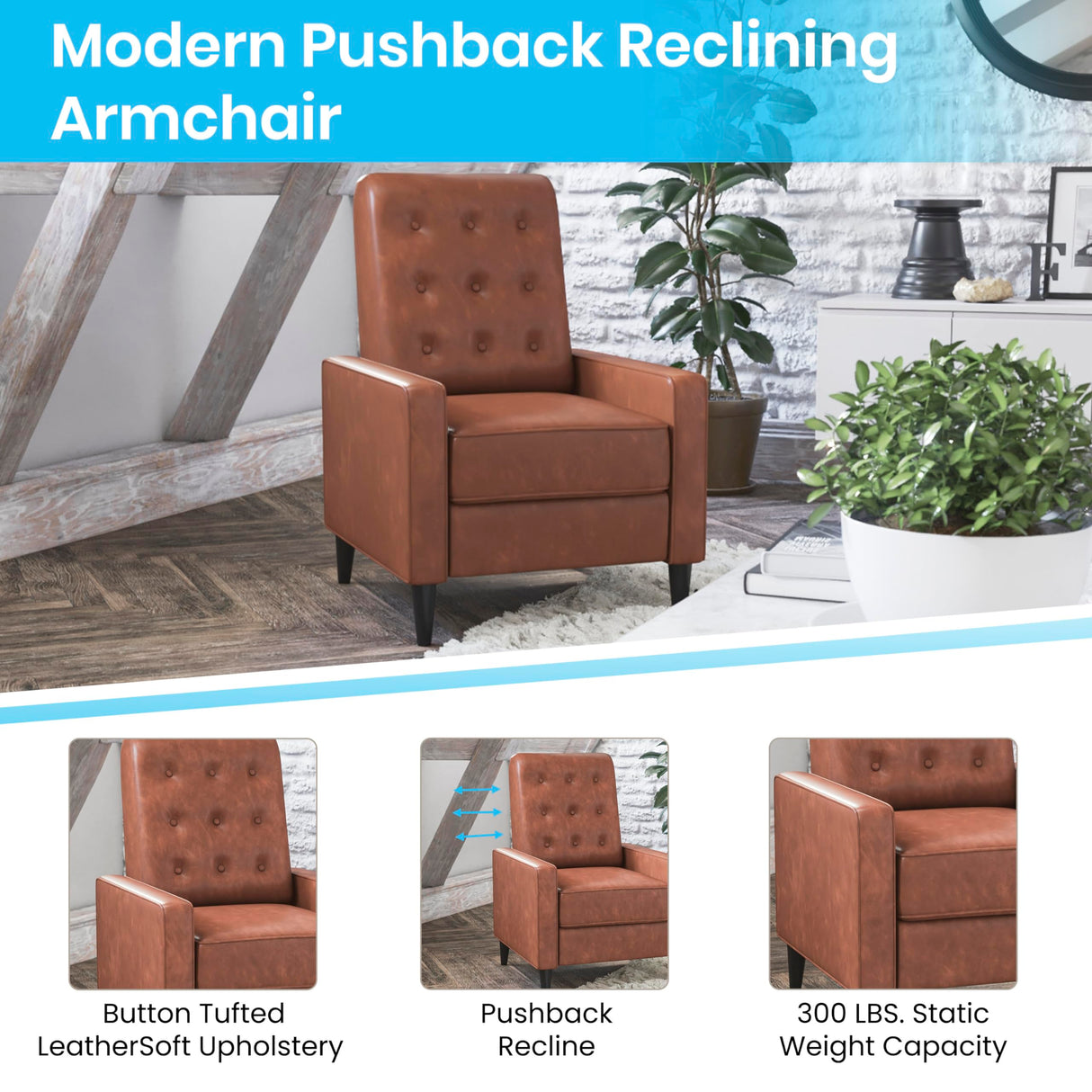 Flash Furniture Erza LeatherSoft Button Tufted Pushback Recliner, Mid-Century Modern Recliner Chair for Residential and Commercial Use, Cognac Brown Flash Furniture