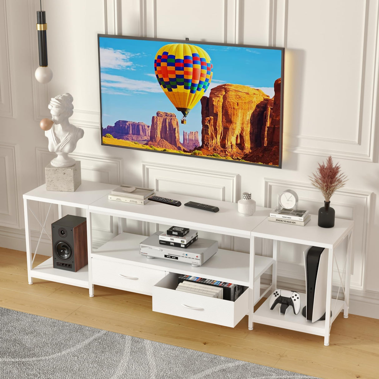 GYIIYUO TV Stand with Fabric Drawers for 55 60 65 Inches TV - Entertainment Center and Industrial TV Console Table with Open Storage Shelves for Living Room, Bedroom - 55.1" White GYIIYUO
