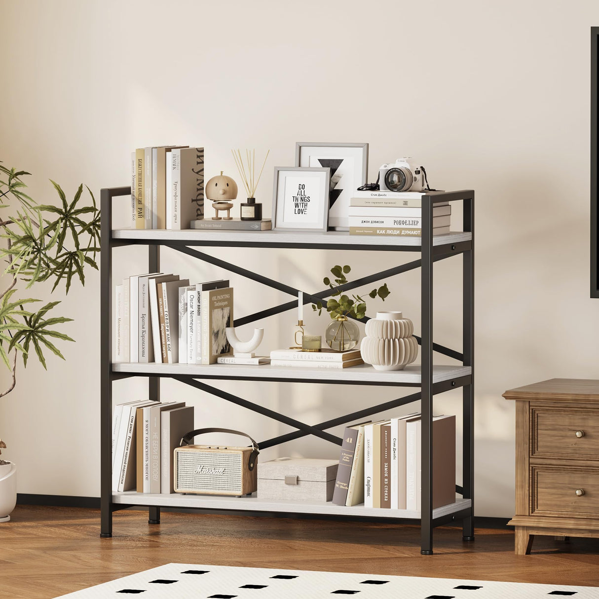 Homeiju 3 Tier Bookshelf 31.49" Width, Wood and Metal Etagere Bookcase, Vintage Farmhouse Modern Wooden Big Book Shelf for Home Living Room Bedroom Office Storage(White) Homeiju