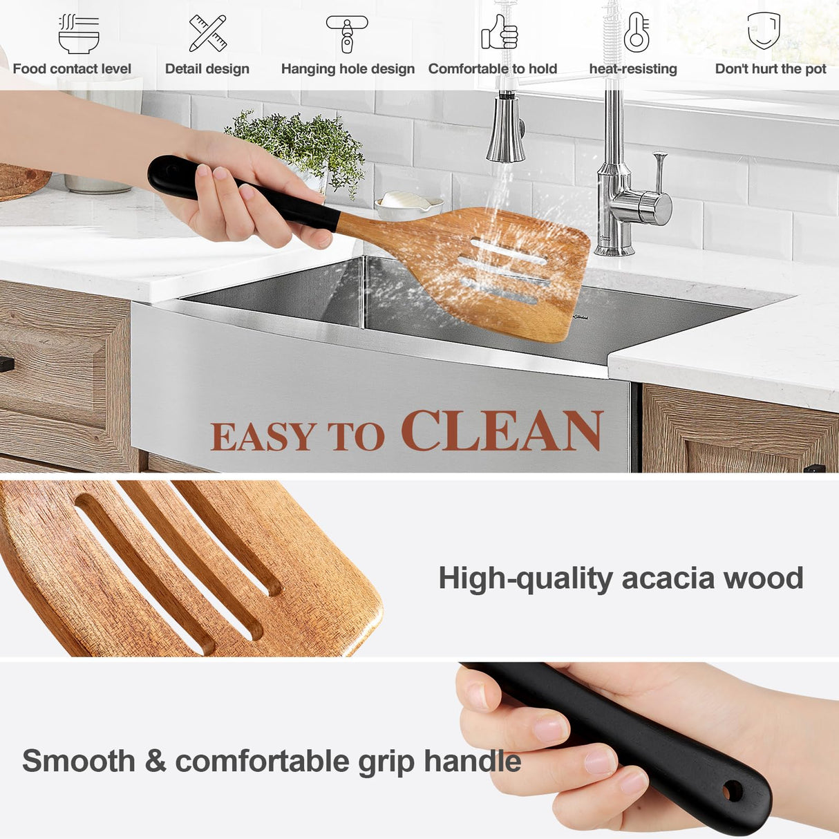 ROSOS Wooden Spoons For Cooking, 6 PCS Natural Acacia Wooden Cooking Utensils or Non-Stick Wooden Kitchen Utensil Set for Kitchen Essentials, Smooth Grip Wooden Cooking Spoons with Hanging Hole, Black ROSOS