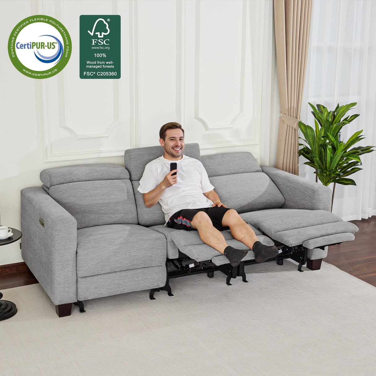 MCombo Zero Wall Recliner Sofa, Power Reclining Sofa, Wall Hugger Power Recliner Sofa with Adjustable Headrest, USB & Type C Ports, for Living Room, Fabric, HL198M3 (Grey, 3-Seater) MCombo