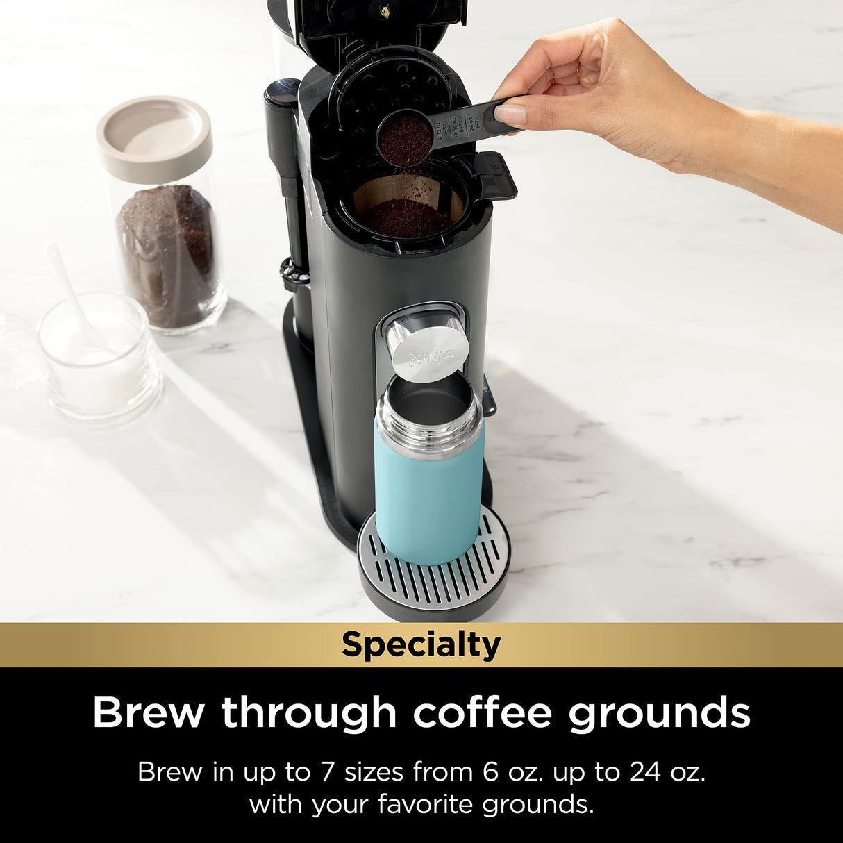 Ninja Pod & Grounds Specialty Single-Serve Coffee Maker, K-Cup Pod Compatible, Brews Grounds, Compact Design, Built-In Milk Frother, 56-oz. Reservoir, 6-oz. Cup to 24-oz. Mug Sizes, Black, PB051 Ninja