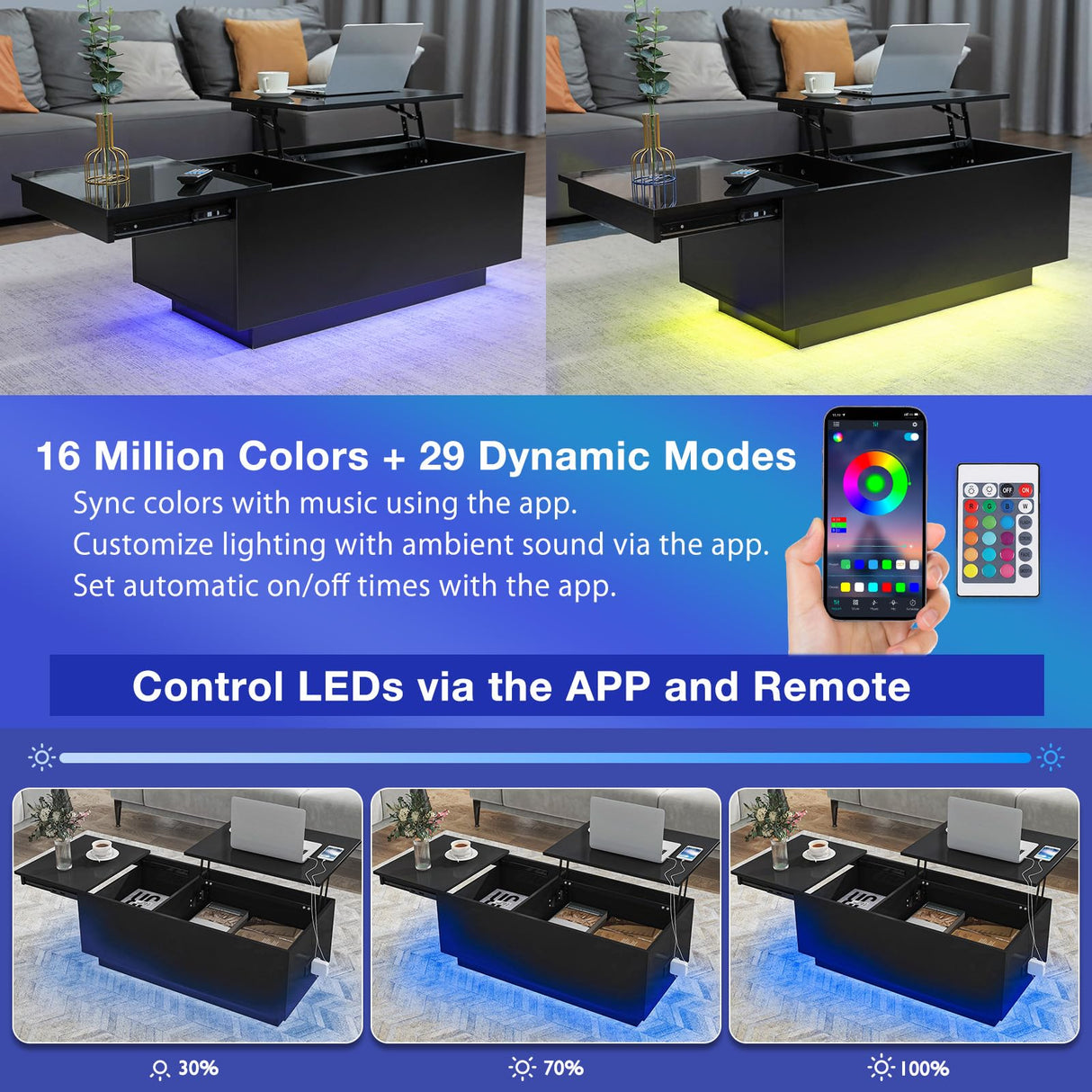 HOMMPA LED Coffee Table for Living Room Lift Top Coffee Tables with Power Outlet Black Morden Center Table with Storage Hidden Compartment High Gloss Lift Tabletop HOMMPA