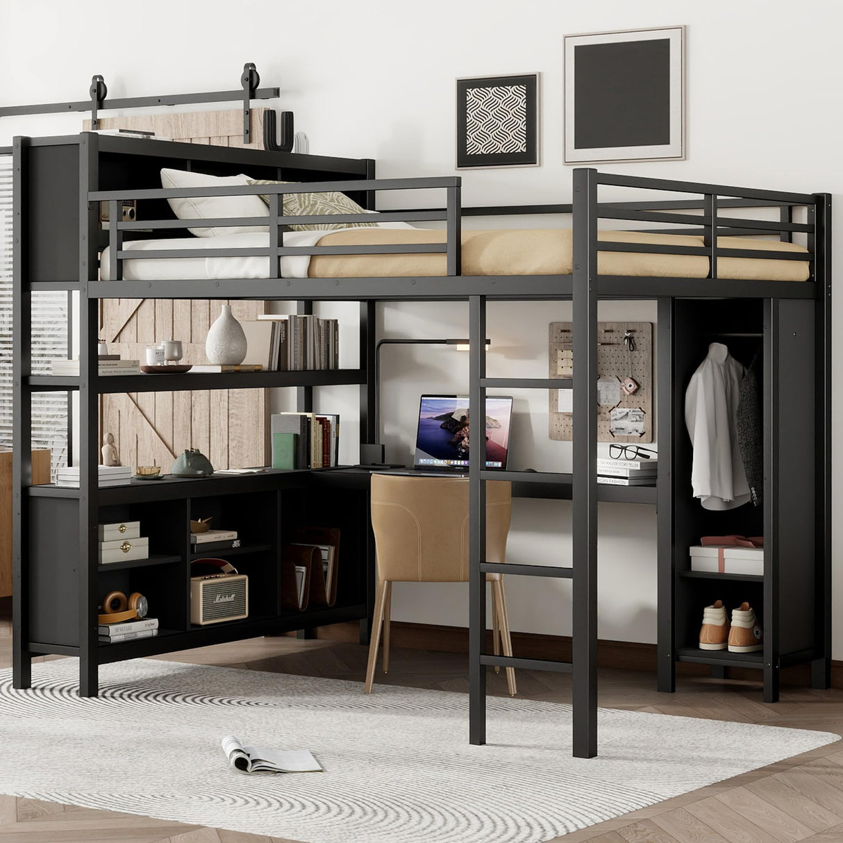 Queen Loft Bed with Wardrobe and Storage Cubes, Queen Size Loft Bed with Desk and Storage Shelf, Metal Loft Bed with Guardrail, Queen Size Loft Bed for Adults, Teens, Kids(Black Queen) Bellemave