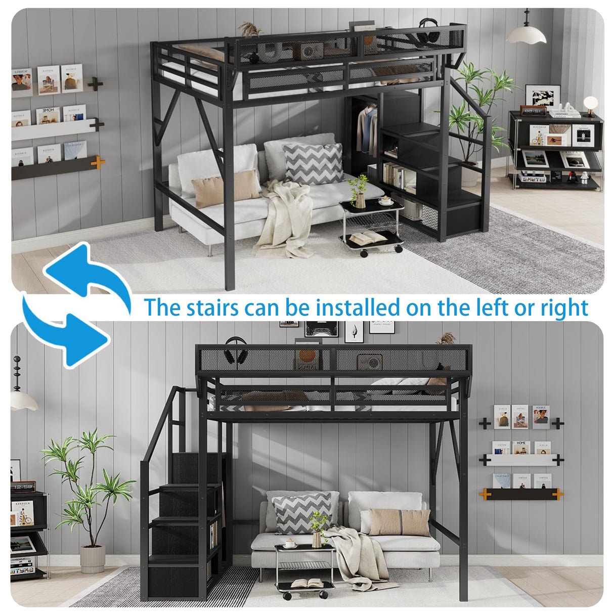 MoproBeti Full Size Loft Bed with Stairs, Metal Loft Beds Full with Storage Shelves, Adults Loft Bed with Wardrobe, Heavy Duty High Lofted Bed for Teens,Black +Black Stair MoproBeti