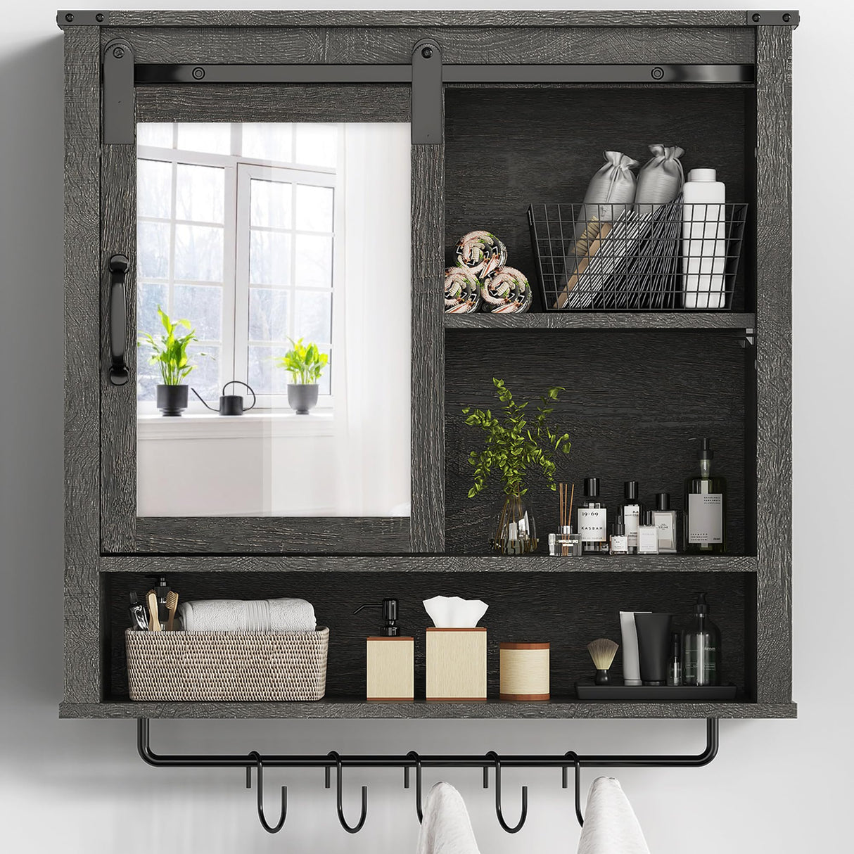 RoyalCraft 28in Bathroom Cabinet Wall Mount with Sliding Mirror Door, Over The Toilet Storage Cabinet, Farmhouse Medicine Cabinet with Shelves and Towel Bar for Living Room, 28" W x 29" H, Dark Grey RoyalCraft