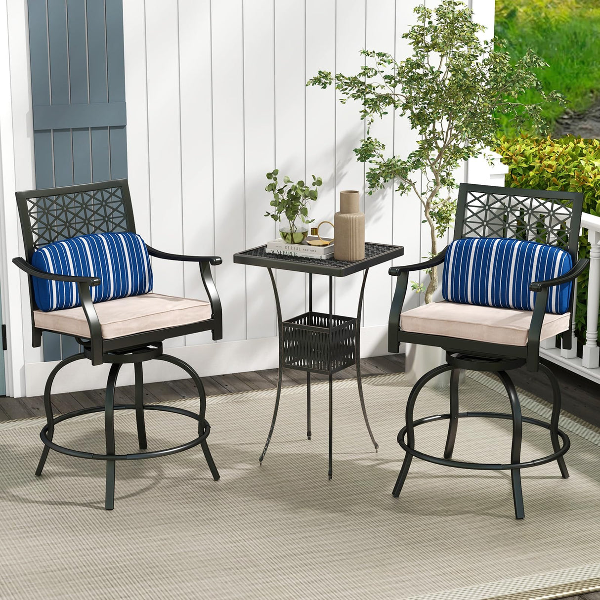 COSTWAY Outdoor Bar Chair Set of 4, 24.5 Inch Swivel Counter Height Bar Stools with Footrest, Seat Cushions & Lumbar Pillows, Metal Dining Bar Chairs for Patio, Backyard, Poolside (4) COSTWAY