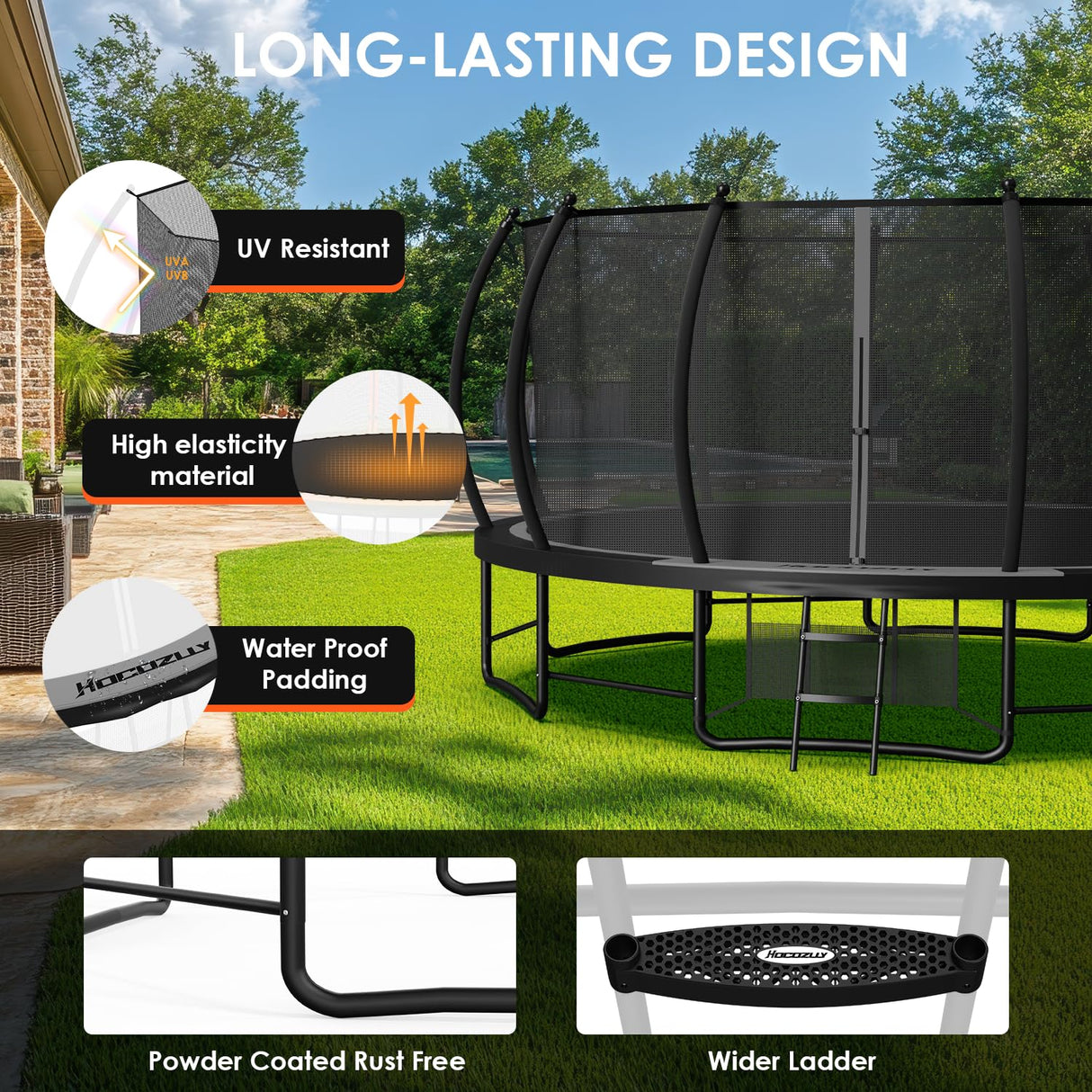 Hocozlly Outdoor Trampoline 16FT for Kids, ASTM Approval Recreational Trampoline with Enclosure, Reinforced Trampolines with Thickened Pole & Non-Slip Wider Ladder (Grey) Hocozlly