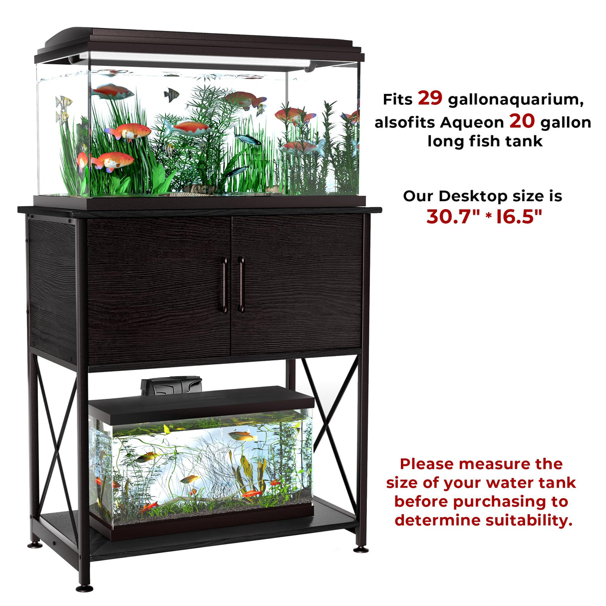 Herture 20-29 Gallon Aquarium Stand Metal Frame Fish Tank Stand with Cabinet Storage, for 20 Gallon Long Aquarium,30.7" L*16.5" W Tabletop,330LBS Capacity Black PG01YGB Herture