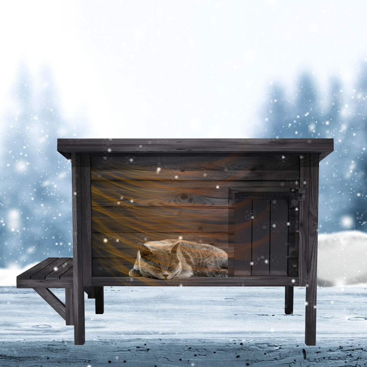 Black Outdoor Cat House Weatherproof Feral Cat Enclosure with Ice Pad for Summer, 100% Insulated All-Round Foam, Wood Large Feral Cat House for Multiple Cats 34.25" L*21.65" W*24.78" H CHXJF