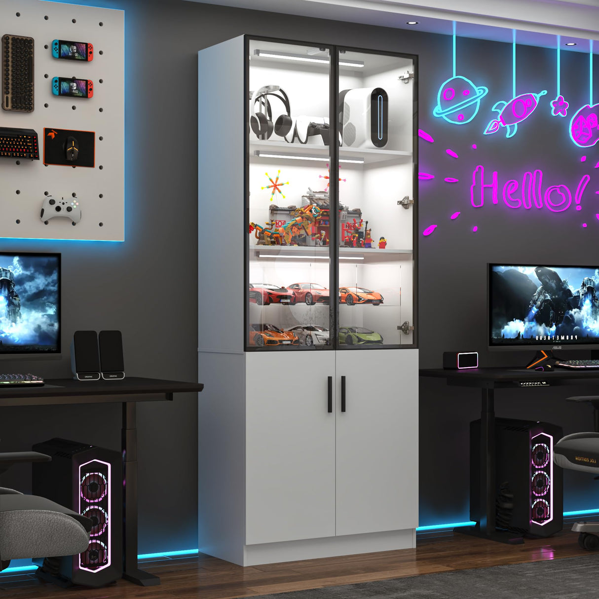 chartustriable 79" Tall Display Cabinet with LED Sensor Light & Pop-up Glass Doors, Modern Bookcase Curio Storage Cabinet for Bedroom, Living Room, Office, White chartustriable