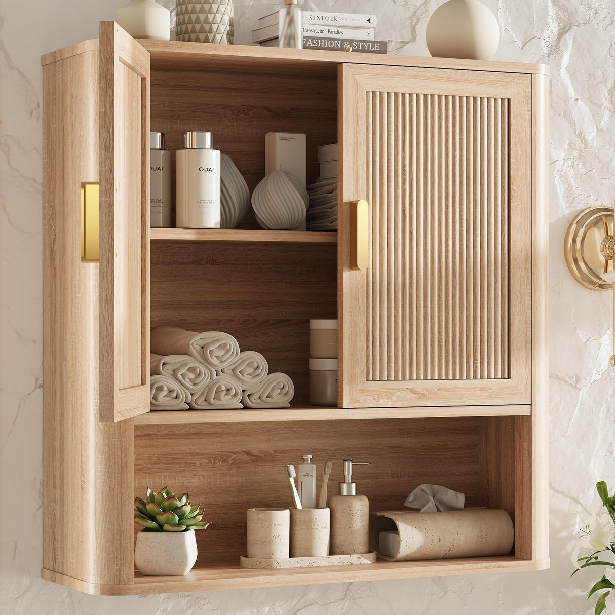 INNOD Bathroom Storage Cabinet, Medicine Cabinet with Adjustable Wood Shelf & Doors, Over The Toilet Storage Cabinet for Laundry Room & Kitchen & Living Room (Natural Oak) INNOD