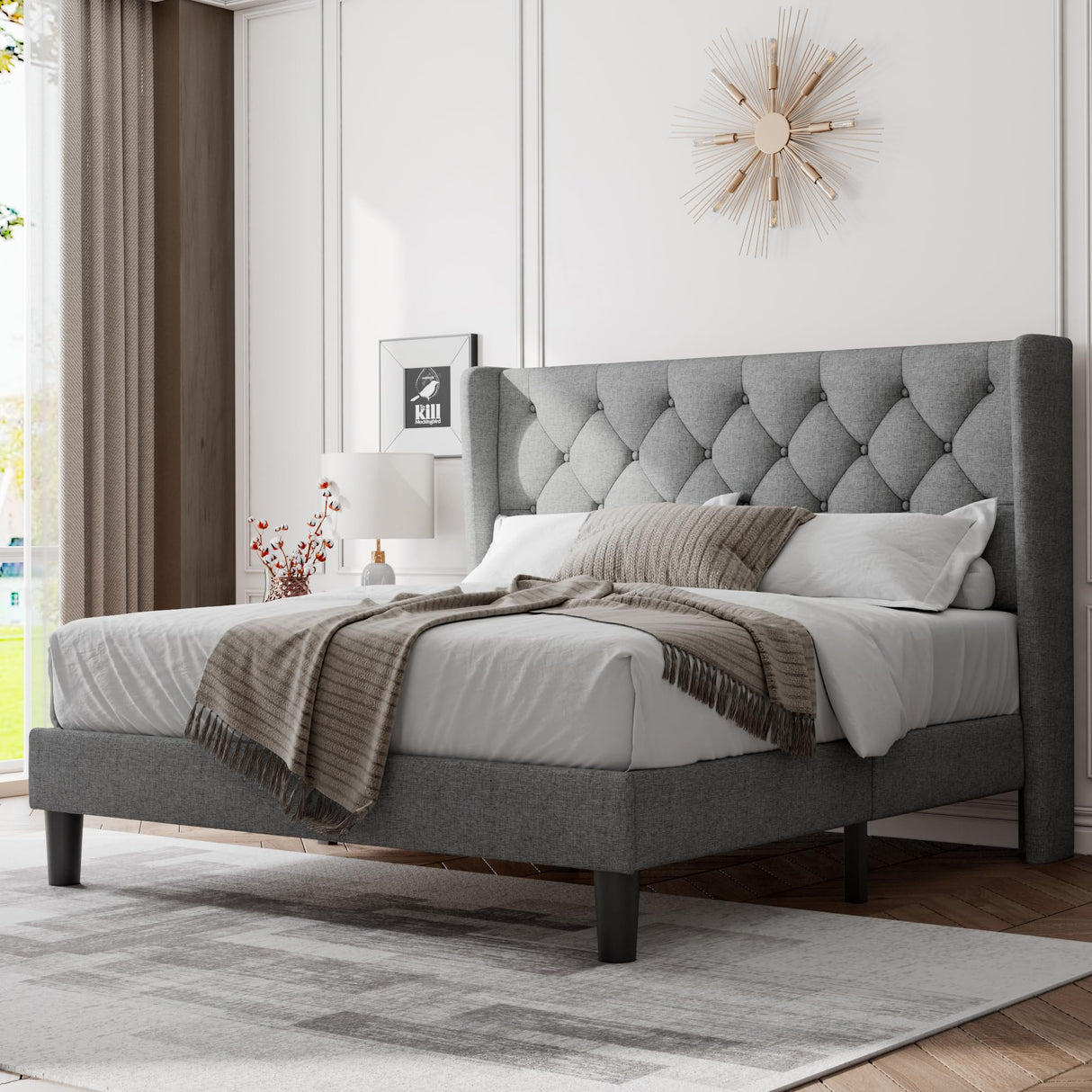 Feonase Queen Bed Frame with Upholstered Wingback Headboard, Platform Bed and Heavy Duty Wooden Slats Support, Easy Assembly, Noise-Free, No Box Spring Needed, Light Gray Feonase