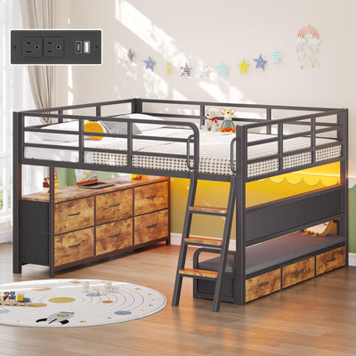 Dnxao Full Size Low Loft Bed with Desk,Full Size Bed Frame with 9 Storage Drawers, Kids Loft Bed with 15.8" H Safety Guardrail,Sofa,LED Lights & Charging Station,No Box Spring Needed,Rustic Brown