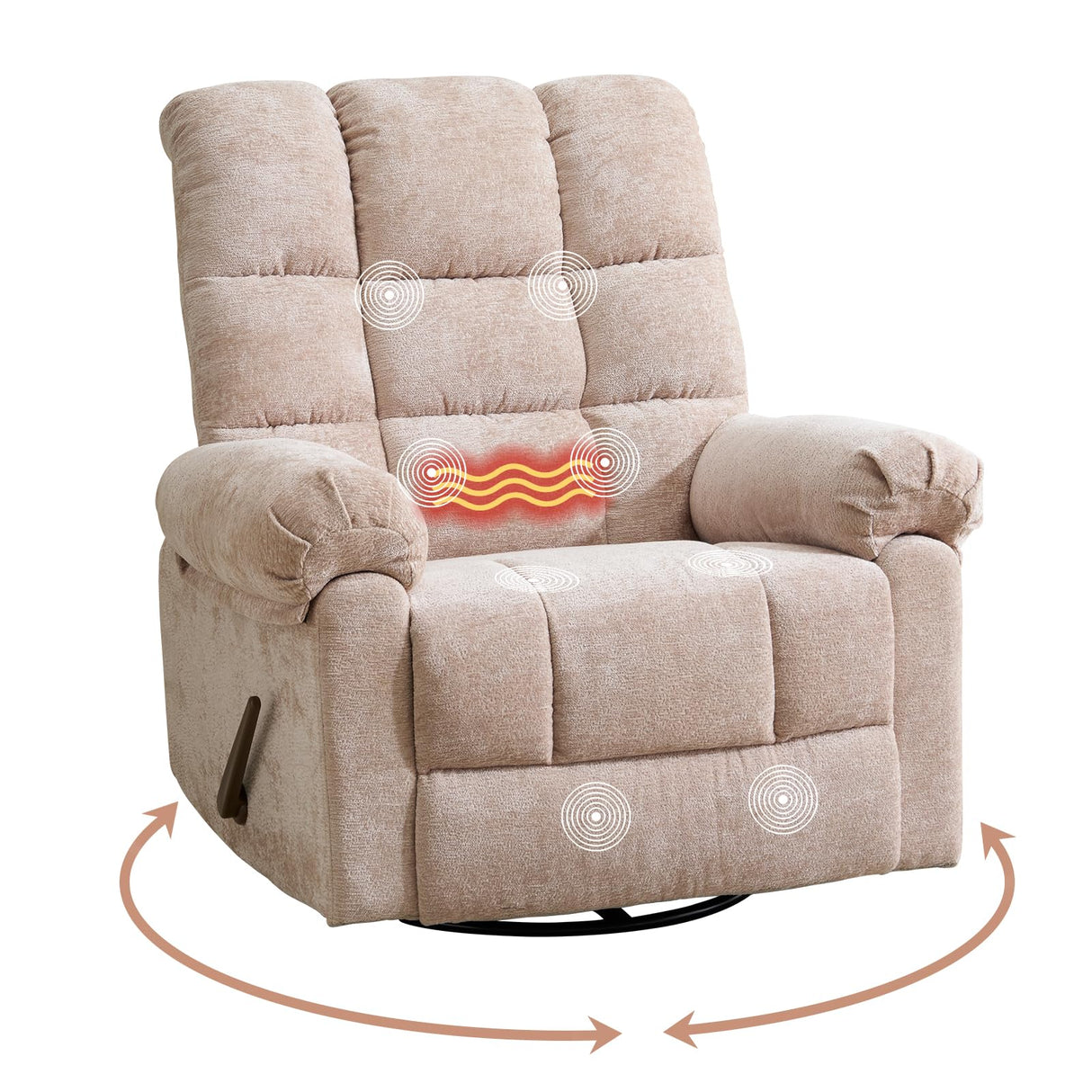Rhevoy Swivel Rocker Recliner Chair with Heat and Massage, 26" Wide Oversized Rocker Recliner with Overstuffed Backrest,Swivel Glider Recliner for Living Room,Beige Rhevoy