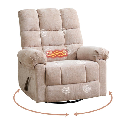 Rhevoy Swivel Rocker Recliner Chair with Heat and Massage, 26" Wide Oversized Rocker Recliner with Overstuffed Backrest,Swivel Glider Recliner for Living Room,Beige