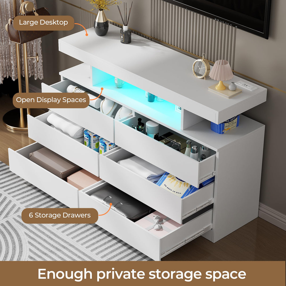 BEWISHOME White Dresser for Bedroom with Charging Station and LED Lights, 6 Drawer Dresser Chests of Drawers, Wood Dresser for Closet, Modern Wide Dresser with Open Space, TV Stand, White KCG02W BEWISHOME