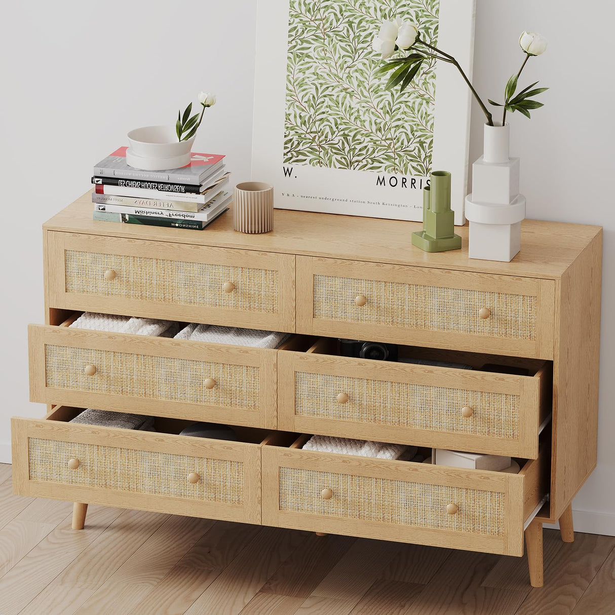 6 Drawer Rattan Dresser for Bedroom, Modern Natural Wooden Dresser, Beside Table for Closet, Boho Chests of Double Drawers for Bedroom, Living Room, Entryway, Hallway yesasin