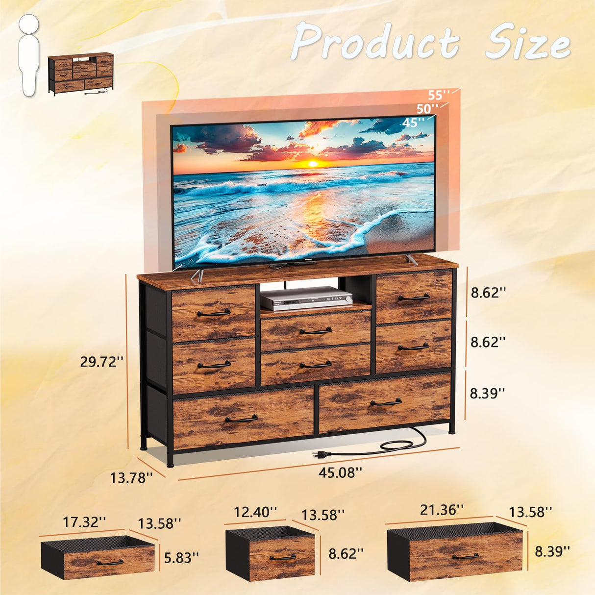 Furnulem 55'' TV Stand Dresser with 8 Drawers, Wood Desk Top - for Bedroom, Closet, Living Room Storage Furnulem