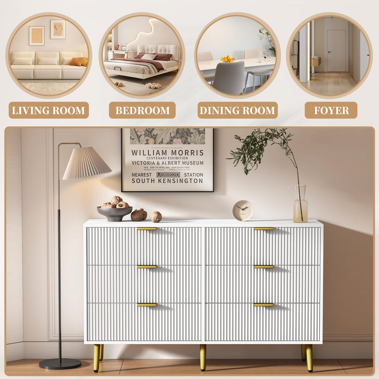 6 Drawer Double Dresser for Bedroom, Modern Dressers Chest of Drawers with Fluted Panel, Wide Wood Storage Dresser Organizer, Dresser TV Stand for Oubayajia