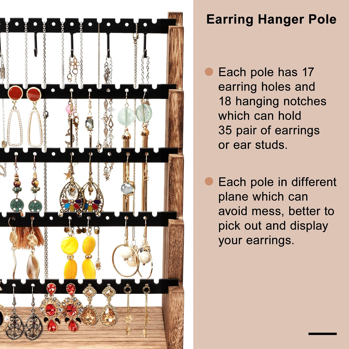Pinzoveco Earring Organizer, 5 Layer Earring Holder Organizer with Necklace Holder Pole, Rustic Wood Jewelry Organizer Stand Display for Stud Earring Bracelet Necklace Ring, 175 Earring Holes Pinzoveco