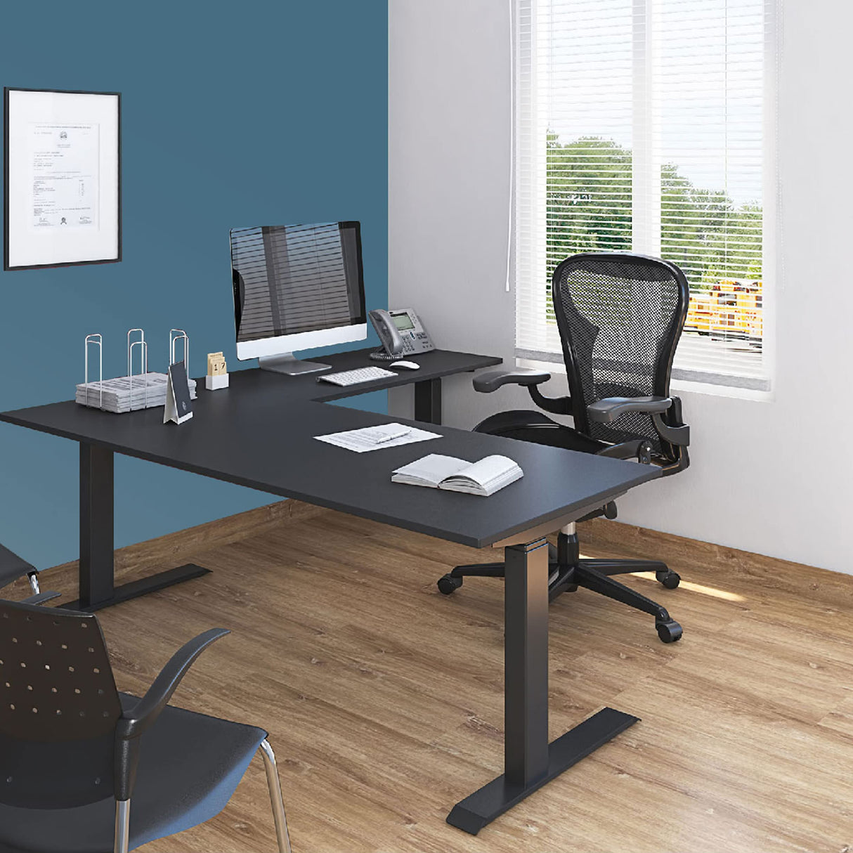 Stand Up Desk Store Triple Motor Electric L-Shaped Corner Standing Desk with EZ Assemble Frame (Black Frame/Black Top, 71" W x 71" D) S Stand Up Desk Store