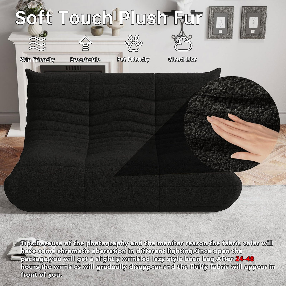 Bean Bag Chairs for Adults, Memory Foam Couch Loveseat Sofa Chair, Soft Teddy Material Cozy Comfy Reading Nook Chairs, Floor Chair for Living Room Bedroom Office(Black) WHGBJA