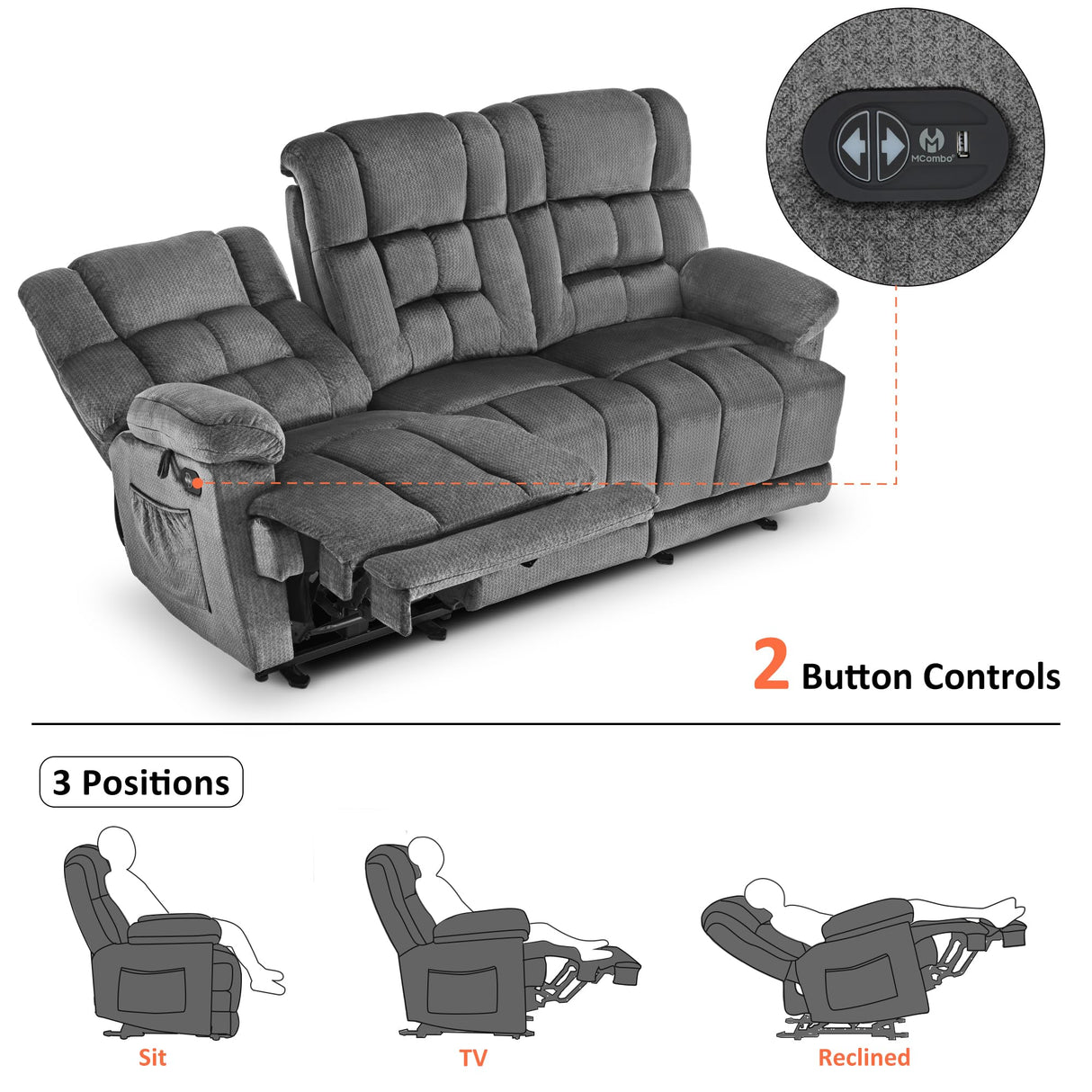 MCombo Zero Gravity Power Recliner Sofa with Drop Down Table, Heat and Vibration Massage, 3 Seater Dual Reclining Couch with USB Ports, Cup Holders for Living Room, Fabric RS6236 (Grey) MCombo