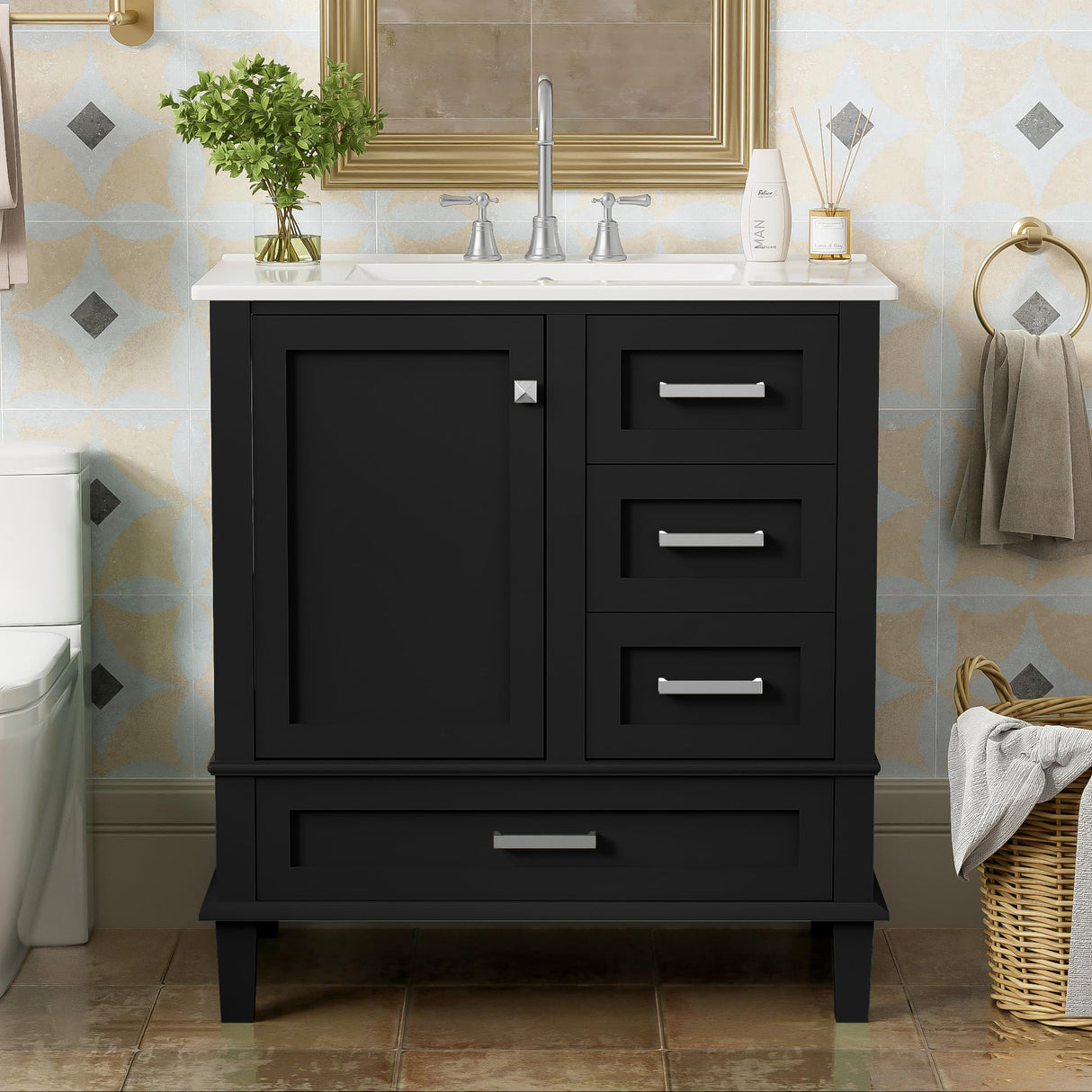 30" Bathroom Vanity with Sink, 30 Inch Bathroom Vanity with Top, 3 Drawers and 1 Soft Closing Door, Modern Bathroom Vanity with Sink 30 Inch for Bathroom (Black) Mirightone