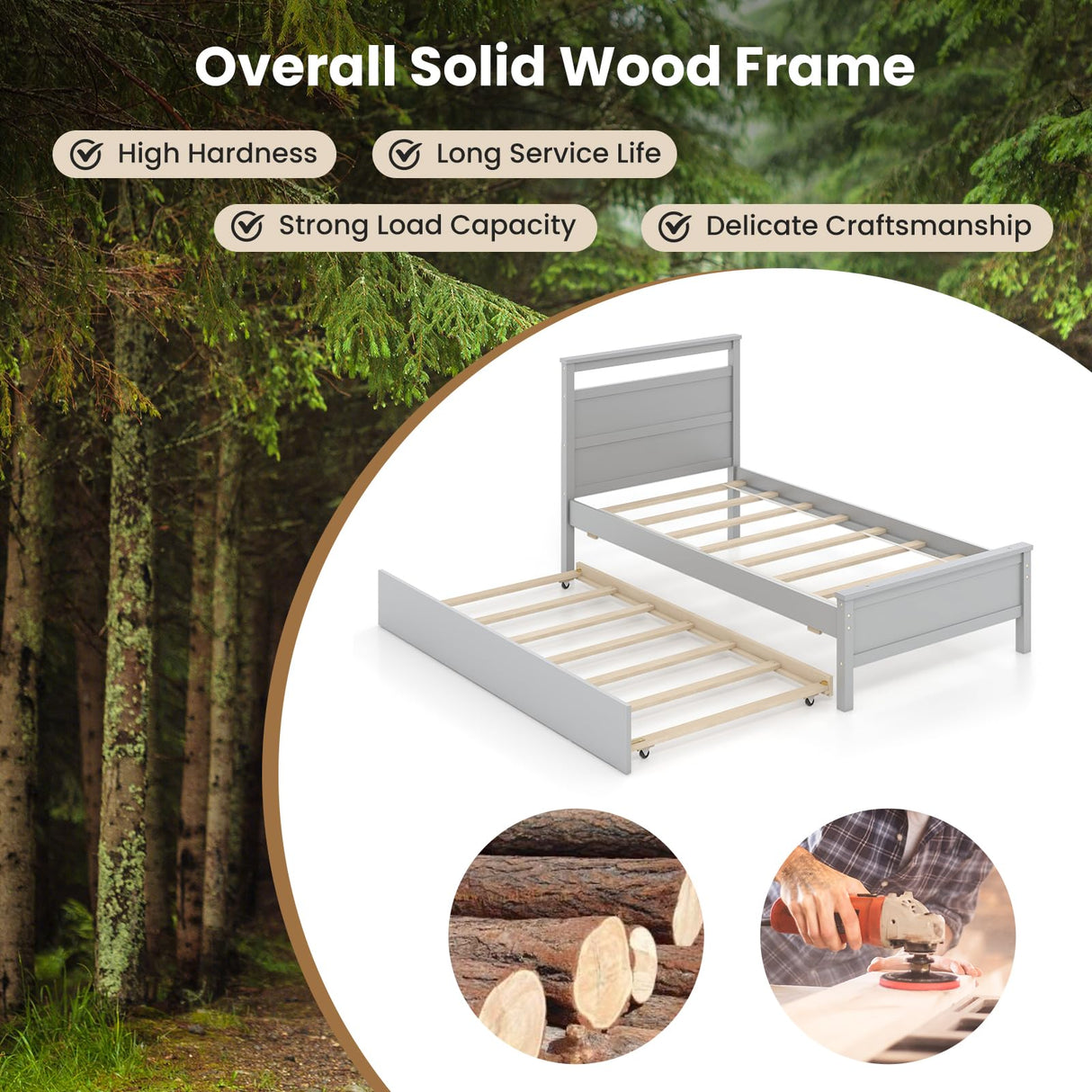 KOMFOTT Twin Bed Frame with Trundle, Wood Bed Frame with Pull-Out Trundle, Headboard & Footboard, Wooden Slat Support, No Box Spring Needed, Mattress Foundation (Grey) KOMFOTT