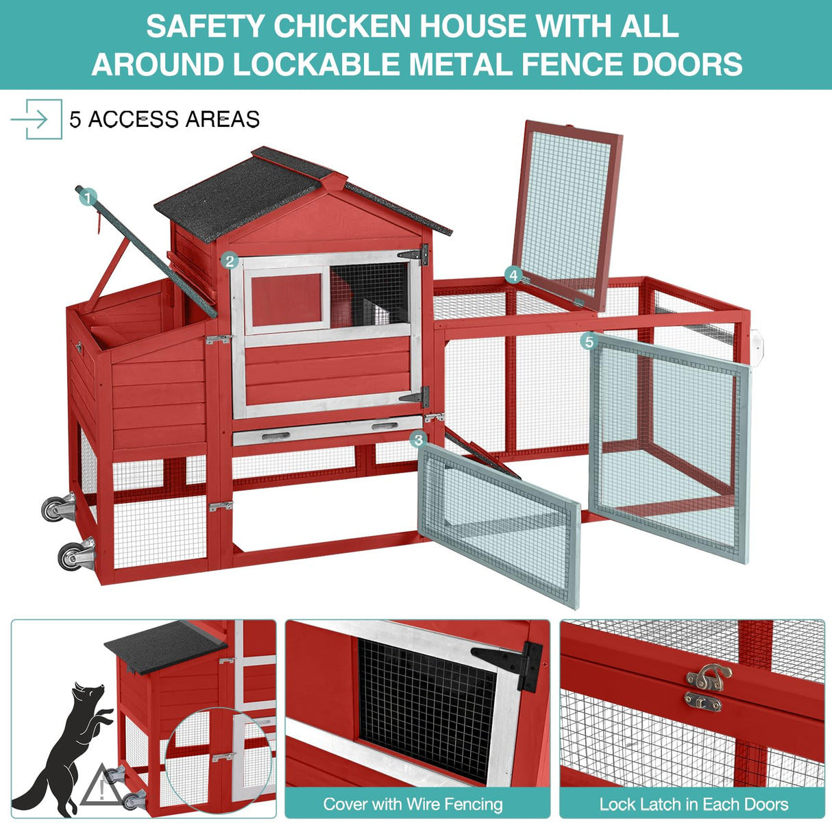 Chicken Coop for 2-4 Chickens,Outdoor Chicken House with Wheels, Nesting Box, Leakproof Pull-on Tray and UV-Resistant Roof Panel, Wooden Mobile Chicken Coop for Duck (Red, 70" L x 22" W x 44.1" H) Suumerpety