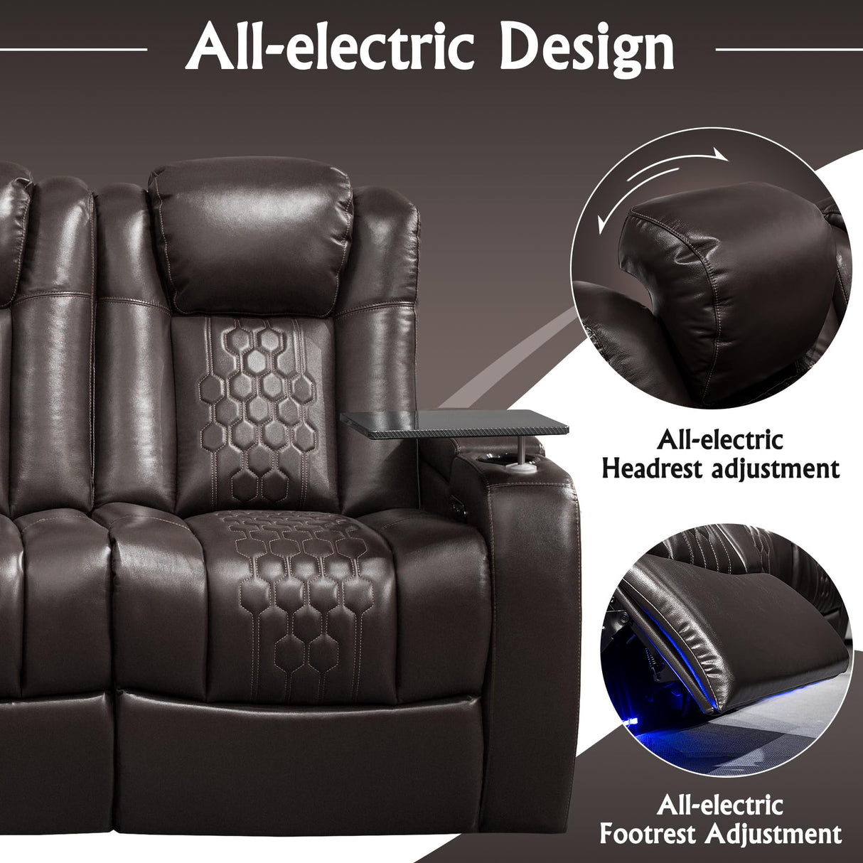 NMXUXMN Home Theater Seating,Top-Grain Leather Recliner Sofa, Zero Gravity Power Reclining Couch with Ambient LED Lights, Cup Holders & USB, Tray Table-Row of 3 with Drop Table Black NMXUXMN