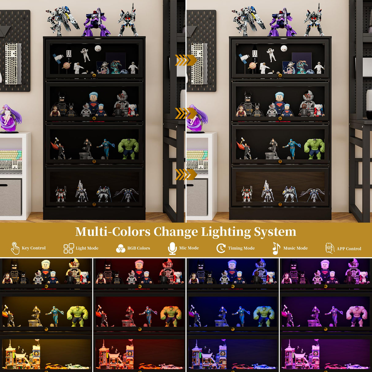 BONITURE Display Cabinet with Acrylic Glass Doors,4-Tiers Curio Cabinet with LED Lighting for Collectibles, Collectibles Toy Organizers Rack & Display Shelf Display Case Storage Cabinet, Black BONITURE