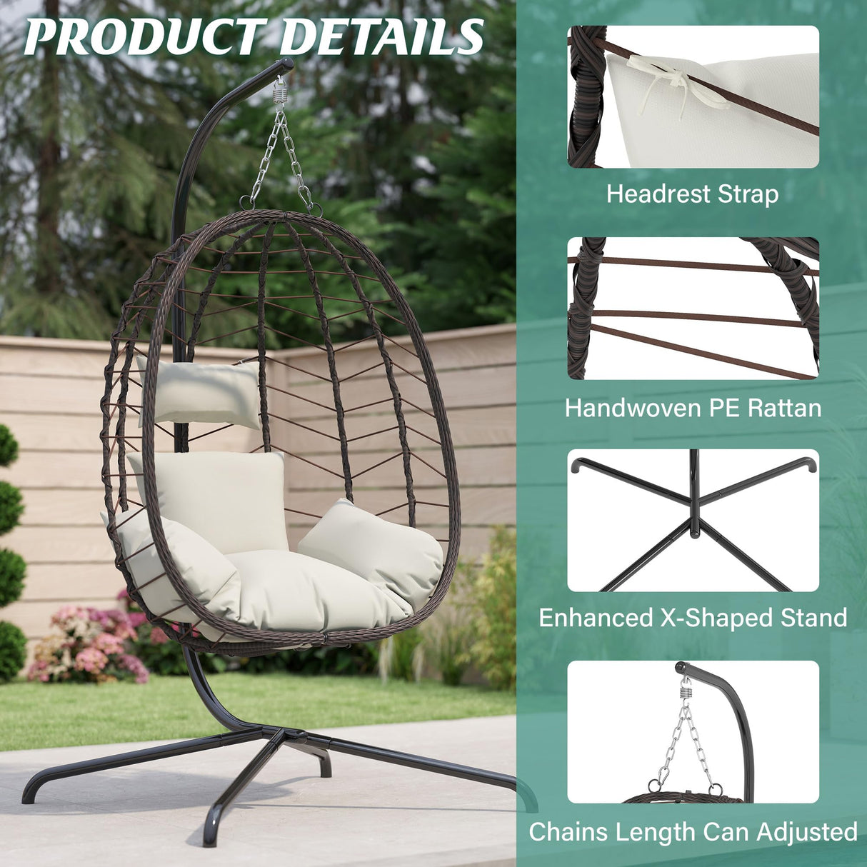 Hanging Egg Chair with Stand, Swinging Egg Chair Outdoor Indoor, Hanging Basket Chair with Cushion, Patio Wicker Hammock Chair 350lbs Capacity for Bedroom, Porch, Balcony, Backyard, Garden (Beige) LEX CRAFT