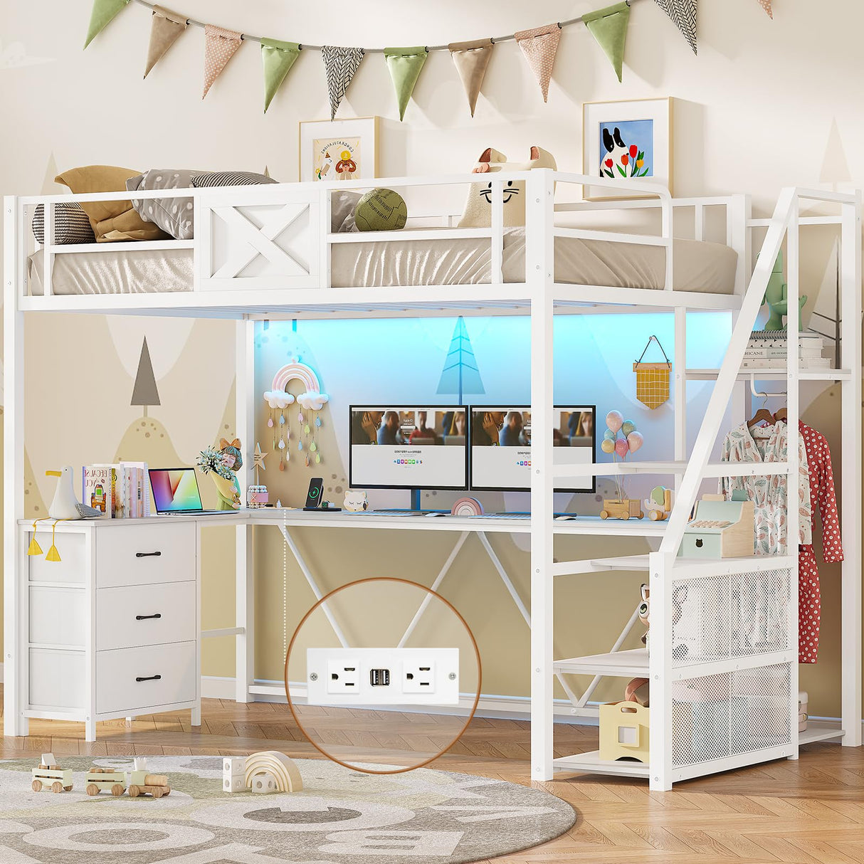Itaar Stairway Twin Size Loft Bed with L Shaped Desk and Wardrobe, Metal Loft Bed Frame with Storage Stairs,3 Fabric Drawers, LED Lights & Charging Sation,No Noise & No Box Spring Needed, White Itaar