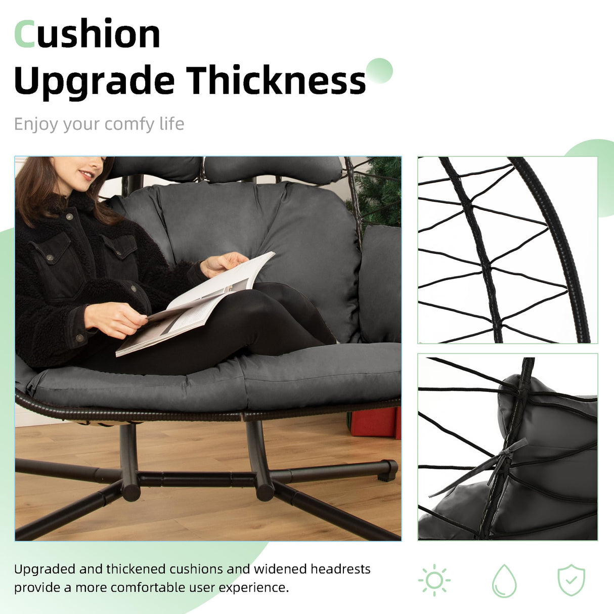 Double Egg Chair wth Stand Hammock Swing Chair Foldable Hanging Loveseat, UV Resistant Removable Cushions, 700LBS Capacity for Bedroom, Balcony, Garden(BK-GR) DoubleTT