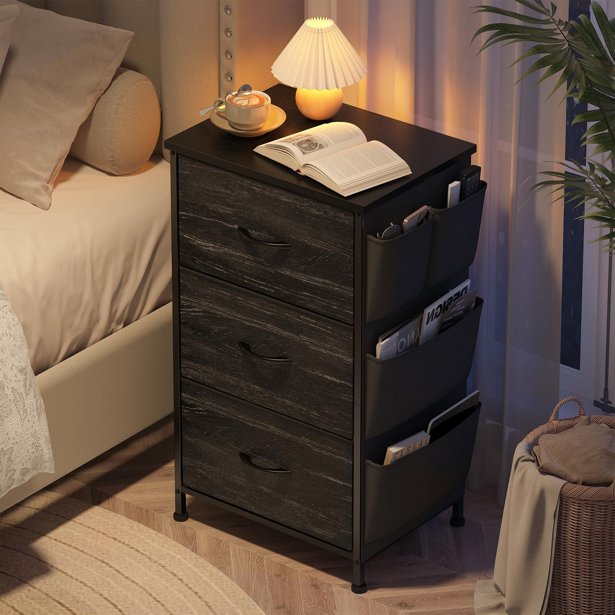 EnHomee Nightstand Set of 2, Night Stand with 3 Drawers for Bedroom, Bedside Table with Wooden Top, Sturdy Steel Frame End Table, Small Dresser for Bedroom, Living Room, Black EnHomee