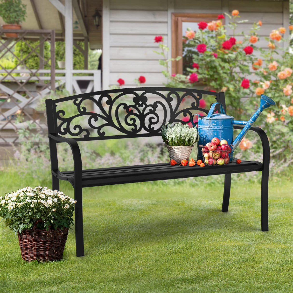 VINGLI Outdoor Bench for Patio Metal Garden Bench w/PVC Back Pattern, Black Park Benches Front Porch Benches for Yard Lawn Decor Deck Entryway (Floral) VINGLI