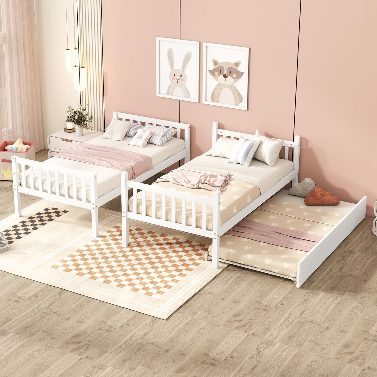 Bellemave Twin Over Twin Bunk Bed with Trundle,Convertible Bunk Beds with Ladder & Safety Guardrails,Twin Size Bunk Beds for Kids Girls Boys,White Bellemave