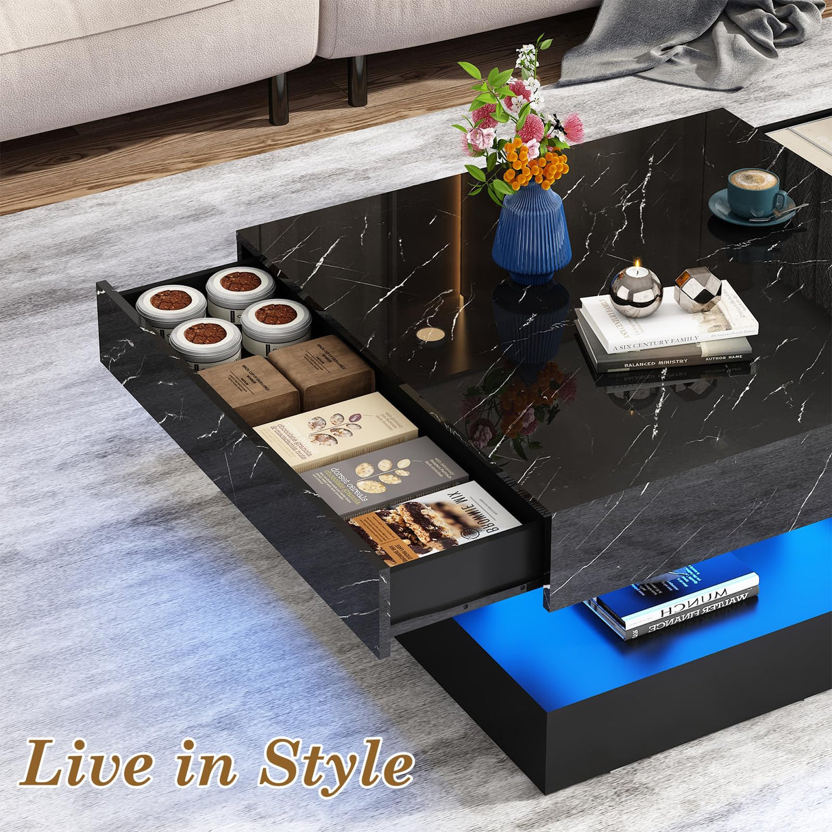jiteentarou 33.9" LED Coffee Table with Storage, Modern High Glossy Living Room Table w/2 Drawers,Double-Layer Design Large Square Center Table for Living Room, Home, Office, Black Marble jiteentarou