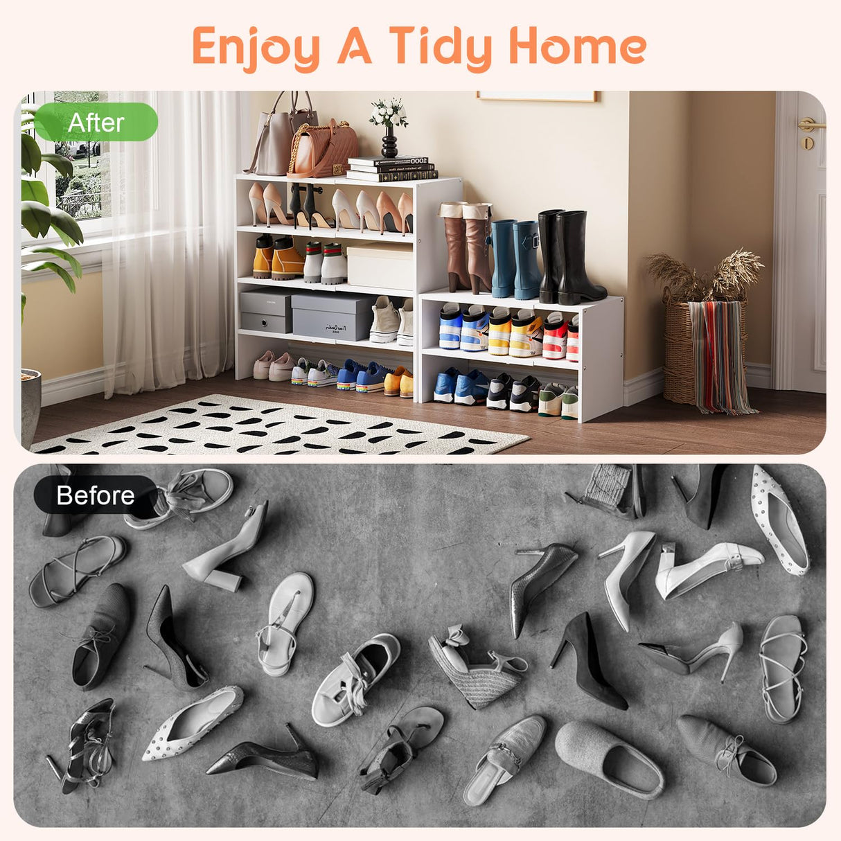 2-Tier Expandable White Shoe Rack Organizer for Closet, Stackable Shoe Rack Storage Shelf, Small Iron Wood Combination Shoe Shelves for Closets,Entryway,Front Door, Narrow Space,Hallway,6-12 Pairs Hencawima