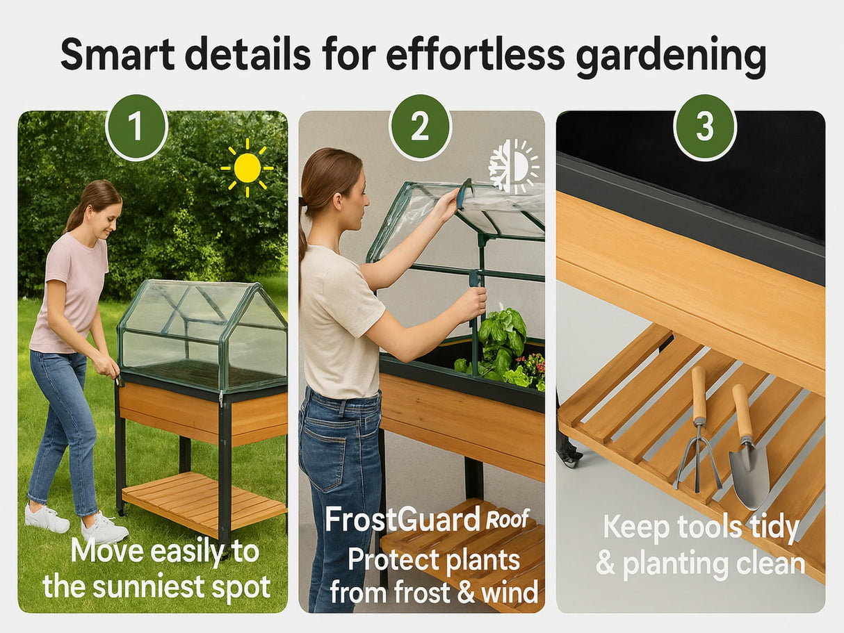 GOJ Raised Garden Bed Wood 48x24x32 inch with Greenhouse & Lockable Wheels - Elevated Wood Planter Box for Outdoors Vegetable Flower Bed Herb Planter - 400 lbs Capacity GOJ YOUR GARDEN, OUR PASSION