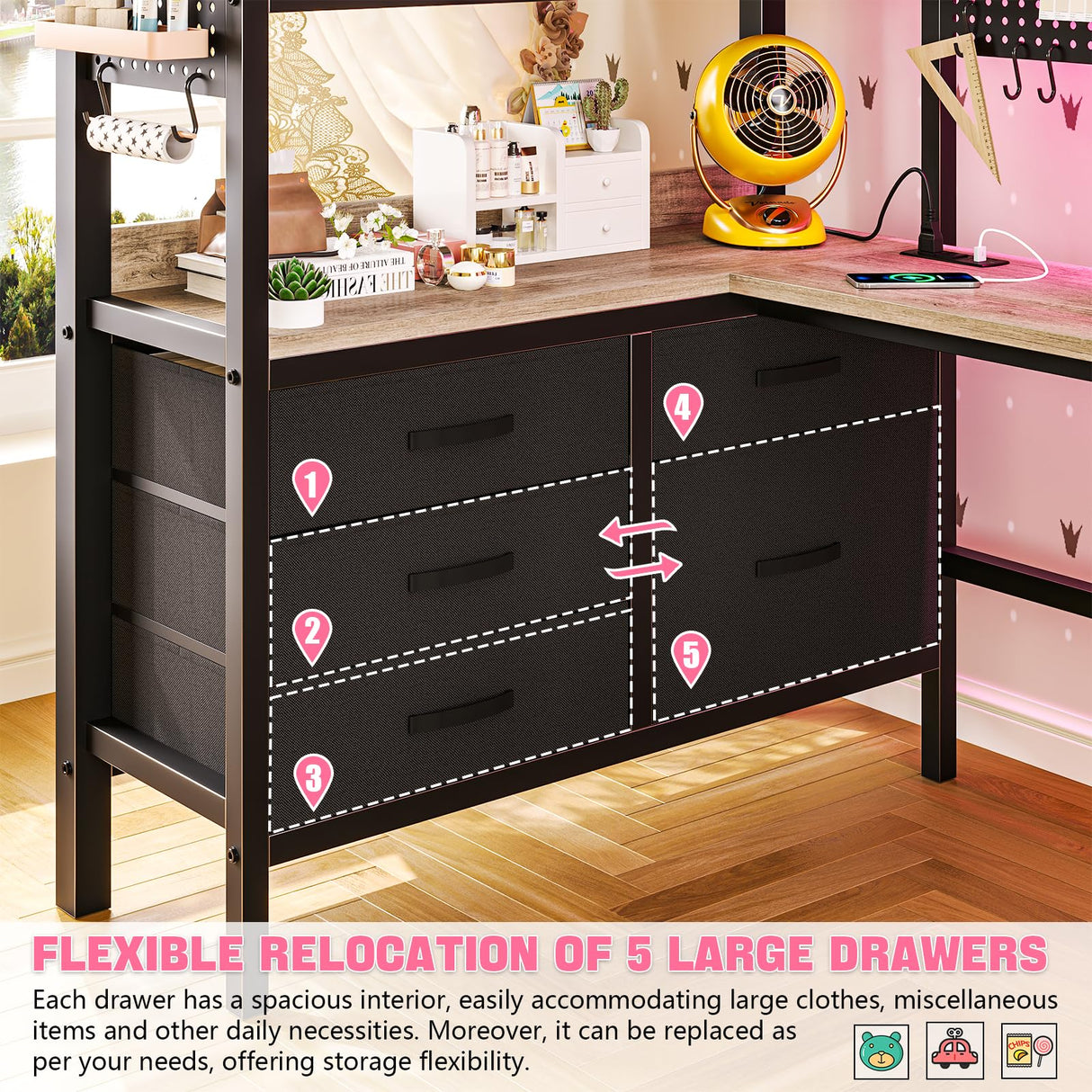 BYSAUD Loft Bed Twin Size with L Shaped Desk and Storage, Metal Bunk Loft Bed Frames with Desk Underneath and LED Lights and Charging Station 5 Drawer 2 Pegboards Clothes Rack, Noise Free, Gray BYSAUD