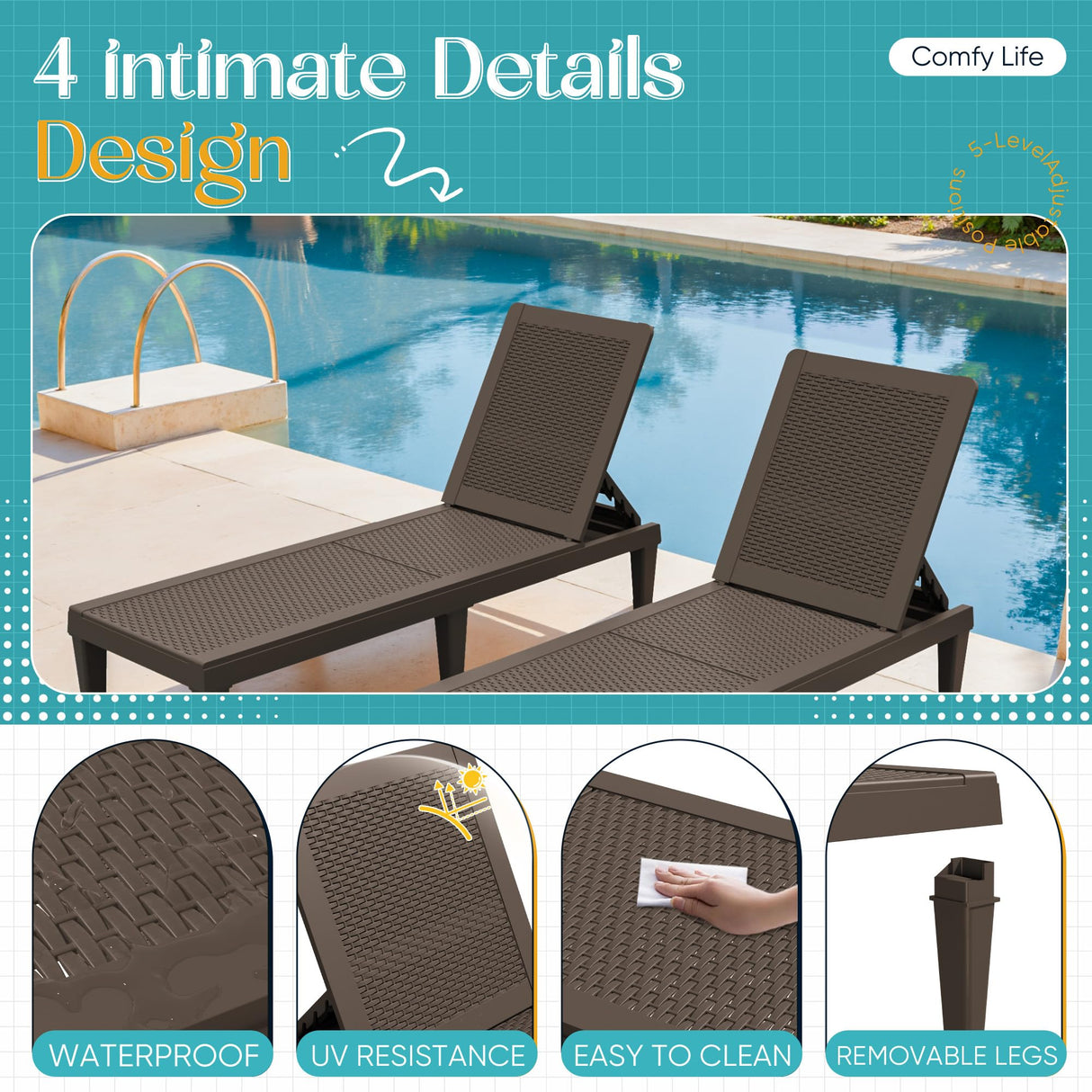 Greesum Outdoor Chaise Lounge Chairs Set of 2 with 5-Position Adjustable Backrest, Waterproof PP Sun Loungers for Garden Pool Beach Patio Deck Sunbathing, Brown Greesum