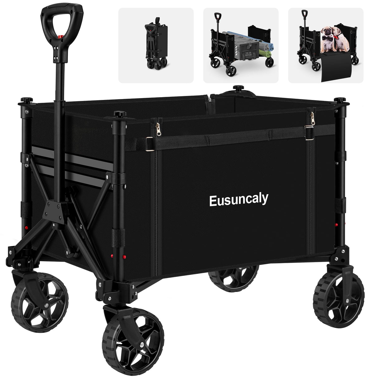 Eusuncaly Collapsible Wagon Cart with Wheels Foldable Wagon Folding Outdoor Utility Wagon Grocery Wagon for Camping Shopping Sports Gardeing Fishing (Black) Eusuncaly