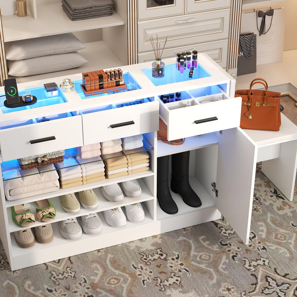 Wardrobe Armoire Closet with Charging & LED Light,Walk-in Closet Island Dresser with Glass Showcase,3 Drawers & Doors, Modern Storage Display Cabinet with Bench for Bedroom,Fitting Room & Shops๏ผWhite๏ผ Gyfimoie