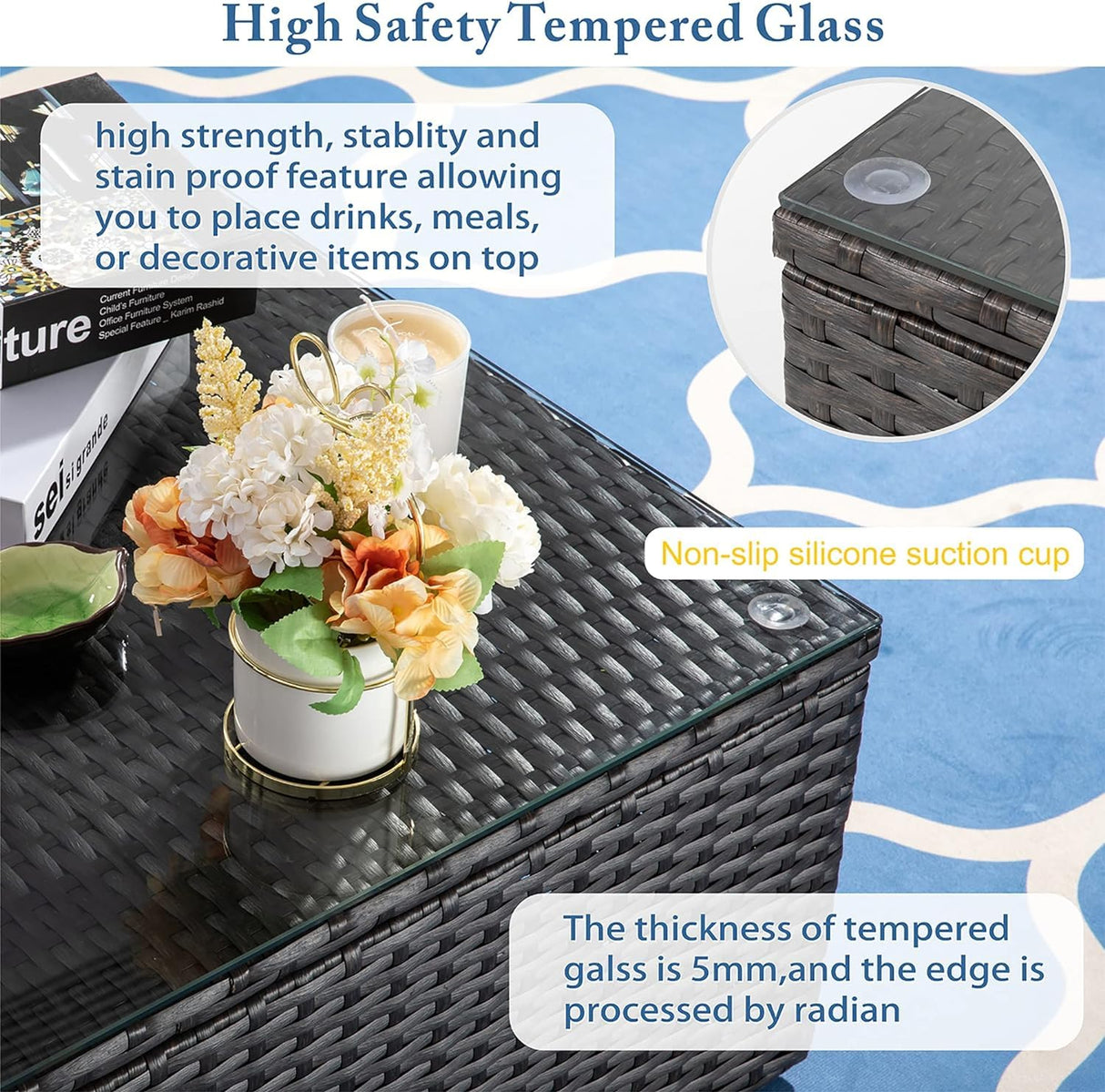 Vongrasig 7 Pieces Patio Furniture Sets, Outdoor Patio Conversation Set PE Rattan Wicker Sectional Sofa Couch with Glass Coffee Table for Garden, Poolside, Backyard, Beige Vongrasig